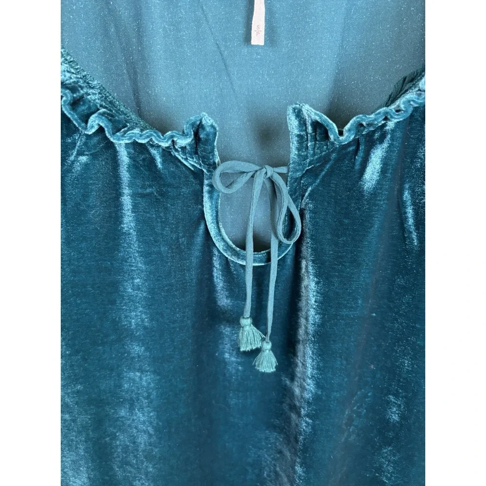 FREE PEOPLE Small Terese Teal Velvet Smocked Peasant Top Front Tie Puff Sleeve